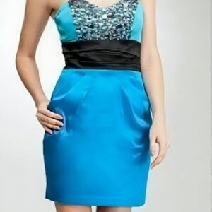 bebe Turquoise and Black Strapless Dress Rhinestone Front